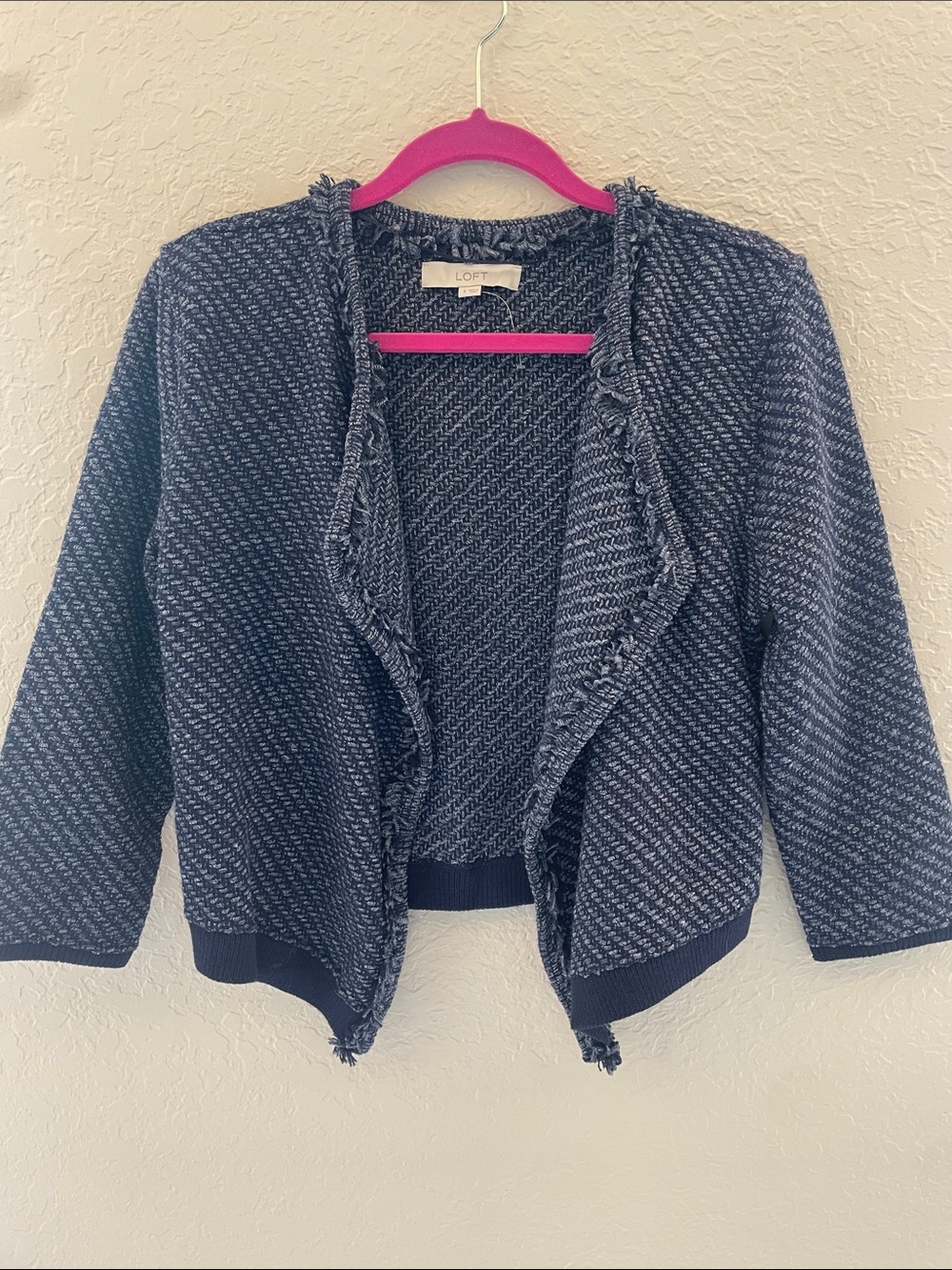 LOFT Navy and White Fringed Open-Front Cardigan